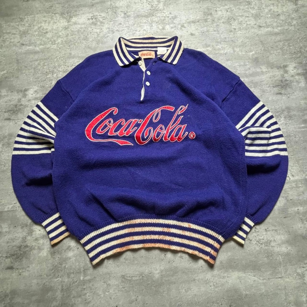 Coca Cola Knit Sweater Mens Large Blue Good Vintage 80s Striped Pullover